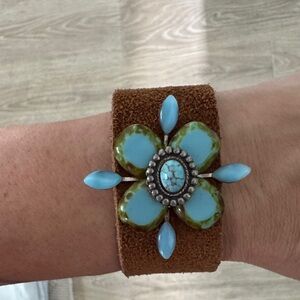 Brown Suede Bracelet with Turquoise Flower